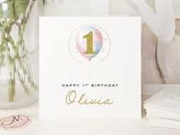 Personalised 1st Birthday Balloon Card Gold Glitter Handmade Card - thumbnail 1