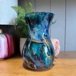 Hand Decorated 18cm Tall Blue & Teal Green Glass Vase Gold Copper Or Silver Finish - thumbnail 3