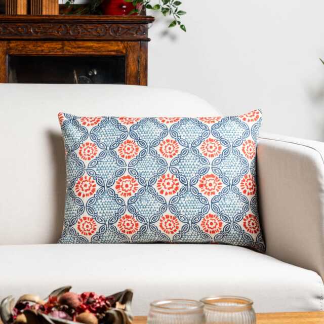 Cordoba Print Boudoir Cushion in Navy Blue. Geometric Floral Batik Design. Bci-Approved 100% Cotton. 17x12 - image 1