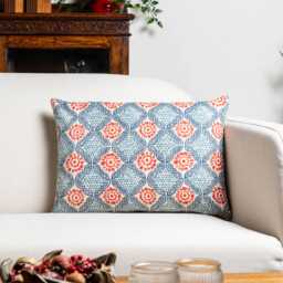 Cordoba Print Boudoir Cushion in Navy Blue. Geometric Floral Batik Design. Bci-Approved 100% Cotton. 17x12