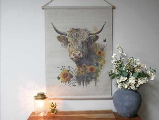 Highland Cow Wall Hanging With Sunflowers - Rustic Farmhouse Textile Art Boho Country Decor Tapestry - image 1