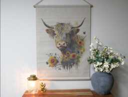 Highland Cow Wall Hanging With Sunflowers - Rustic Farmhouse Textile Art Boho Country Decor Tapestry - thumbnail 1