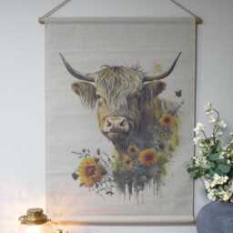 Highland Cow Wall Hanging With Sunflowers - Rustic Farmhouse Textile Art Boho Country Decor Tapestry - thumbnail 2