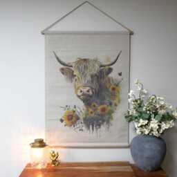 Highland Cow Wall Hanging With Sunflowers - Rustic Farmhouse Textile Art Boho Country Decor Tapestry - thumbnail 3