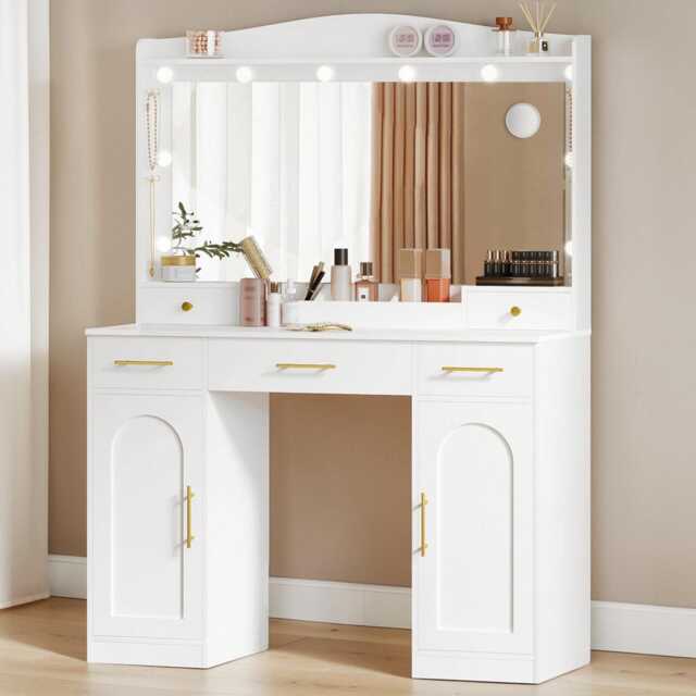 Dressing Table Led Mirror Modern Makeup Desk With 5 Drawers & Cabinets - image 1