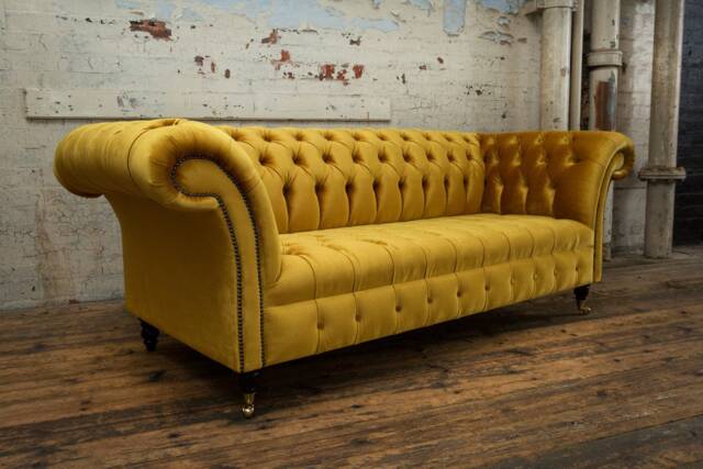 3 Seater Mustard Gold Velvet Fabric Chesterfield Sofa, British Handmade - image 1