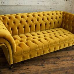 3 Seater Mustard Gold Velvet Fabric Chesterfield Sofa, British Handmade - thumbnail 3
