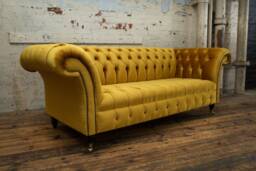 3 Seater Mustard Gold Velvet Fabric Chesterfield Sofa, British Handmade - thumbnail 1