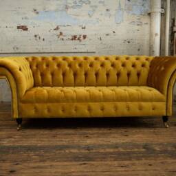 3 Seater Mustard Gold Velvet Fabric Chesterfield Sofa, British Handmade - thumbnail 2