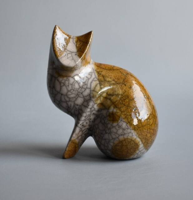 Ceramic Sculpture Of A Cat, Spotted Cat, Ceramics Raku, Cognac, Glaze, Art, Pets, Christmas Present, Original Gift, Collection Cats, Black Cat - image 1