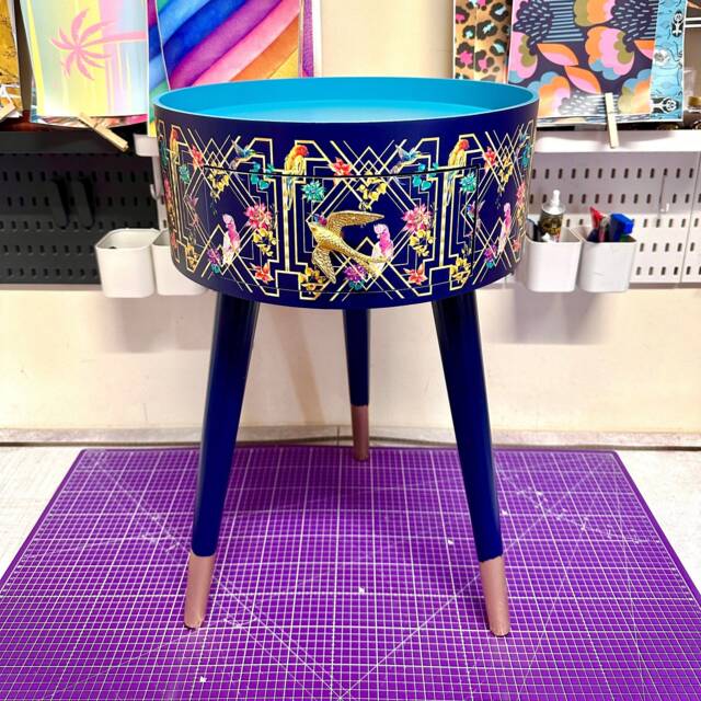 Art Deco Bed Side Table, Navy Blue, Gold & Pink Bird Design. Bedroom Nightstand, Colourful Bedside End Table. Taller Legs With Drawer - image 1