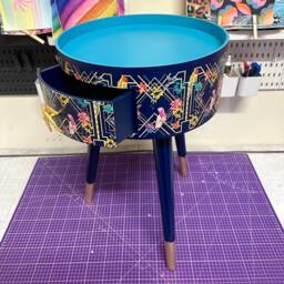 Art Deco Bed Side Table, Navy Blue, Gold & Pink Bird Design. Bedroom Nightstand, Colourful Bedside End Table. Taller Legs With Drawer - thumbnail 2