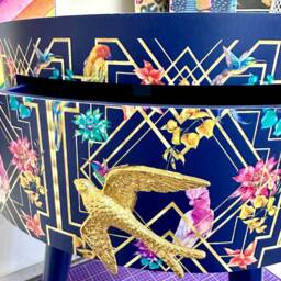 Art Deco Bed Side Table, Navy Blue, Gold & Pink Bird Design. Bedroom Nightstand, Colourful Bedside End Table. Taller Legs With Drawer - thumbnail 3