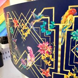 Art Deco Bed Side Table, Navy Blue, Gold & Pink Bird Design. Bedroom Nightstand, Colourful Bedside End Table. Taller Legs With Drawer - thumbnail 4