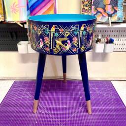 Art Deco Bed Side Table, Navy Blue, Gold & Pink Bird Design. Bedroom Nightstand, Colourful Bedside End Table. Taller Legs With Drawer - thumbnail 1
