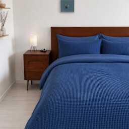 Ocean Blue Waffle 100% Cotton Duvet Cover Set - thumbnail 2