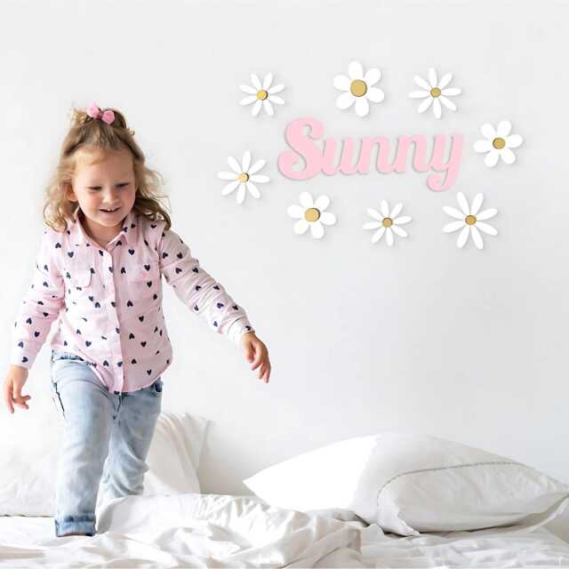 Personalised Wooden Name Sign For Girls - Floral Wall Art, Daisy Bedroom Decor, Nursery Door Plaque, Kids Sign, Playroom Decor - image 1