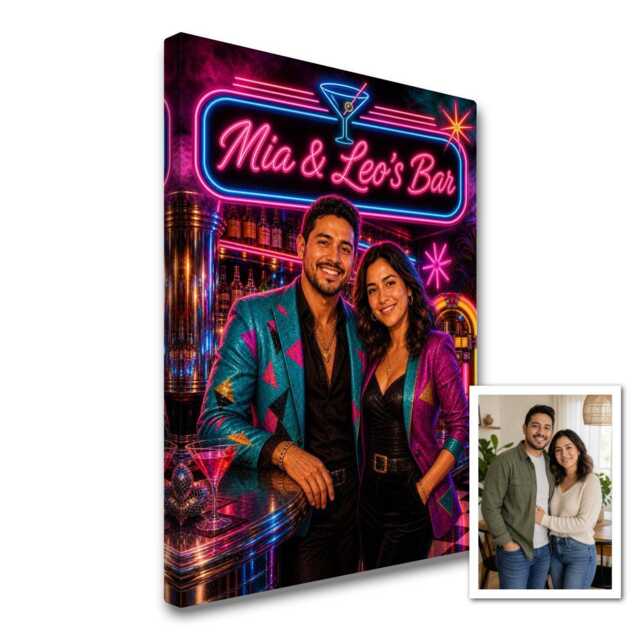 Personalised 80S Neon Bar Canvas From Photo, Custom Sign Text, Retro Cocktail Lounge Wall Art For Home Hosts Decor Gift - image 1