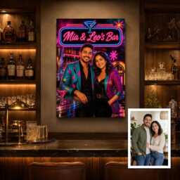 Personalised 80S Neon Bar Canvas From Photo, Custom Sign Text, Retro Cocktail Lounge Wall Art For Home Hosts Decor Gift - thumbnail 3