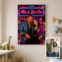 Personalised 80S Neon Bar Canvas From Photo, Custom Sign Text, Retro Cocktail Lounge Wall Art For Home Hosts Decor Gift - thumbnail 2