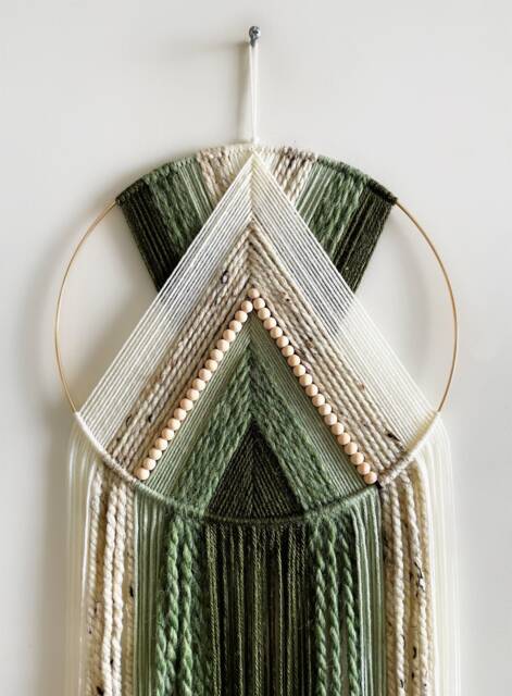 Dark Green & Beige Beaded Yarn Hoop Wall Hanging/Macrame Art Nursery Dorm Decor Modern Boho - image 1
