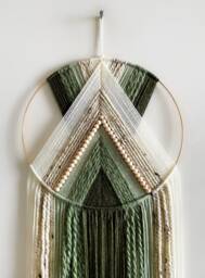 Dark Green & Beige Beaded Yarn Hoop Wall Hanging/Macrame Art Nursery Dorm Decor Modern Boho - thumbnail 1