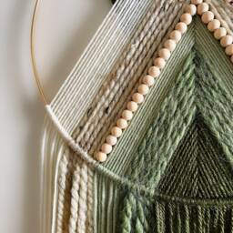 Dark Green & Beige Beaded Yarn Hoop Wall Hanging/Macrame Art Nursery Dorm Decor Modern Boho - thumbnail 3