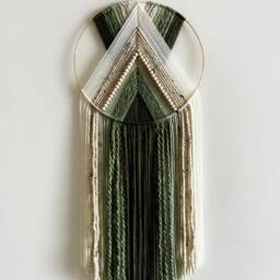 Dark Green & Beige Beaded Yarn Hoop Wall Hanging/Macrame Art Nursery Dorm Decor Modern Boho - thumbnail 2