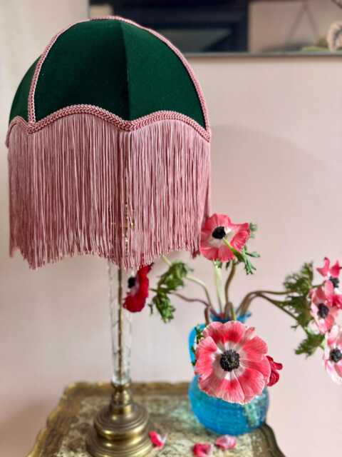 Handmade Green Velvet Lampshade, Pink Silk Fringe, Art Deco Style - image 1