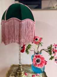 Handmade Green Velvet Lampshade, Pink Silk Fringe, Art Deco Style