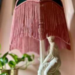 Handmade Green Velvet Lampshade, Pink Silk Fringe, Art Deco Style - thumbnail 2