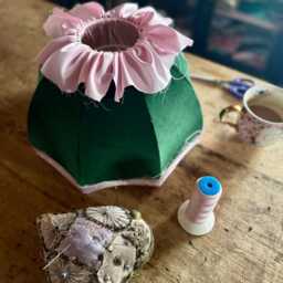 Handmade Green Velvet Lampshade, Pink Silk Fringe, Art Deco Style - thumbnail 3