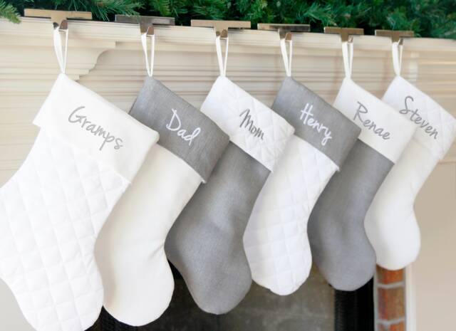 Christmas Stocking. Personalized Gray Silver Burlap Stocking White Quilted Cotton Stockings 8 Styles - image 1