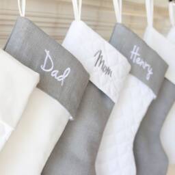 Christmas Stocking. Personalized Gray Silver Burlap Stocking White Quilted Cotton Stockings 8 Styles - thumbnail 2