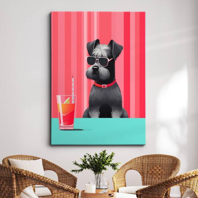 Miniature Schnauzer Drinking With Glasses Painting Framed Poster Print & Canvas Wall Decor Art Bedroom Home Interior Dog Lover Gift - image 1