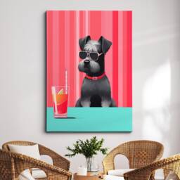 Miniature Schnauzer Drinking With Glasses Painting Framed Poster Print & Canvas Wall Decor Art Bedroom Home Interior Dog Lover Gift