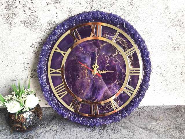 Amethyst Geode Wall Clock Unique Resin Art With Glass Chips Home Improvement - image 1