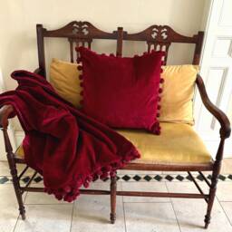 Red Velvet Pom Cushion, Square Cotton Pillow, 20 Inch