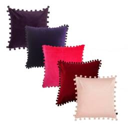 Red Velvet Pom Cushion, Square Cotton Pillow, 20 Inch - thumbnail 2