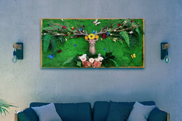 Deer Head Moss Wall Art Preserved Flowers & Resin Antlers - image 1