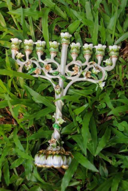 Tree Of Life Menorah Vintage Green Hanukkiah, Handmade Judaica Art - image 1