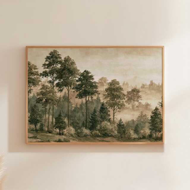 Green Forest Poster, Vintage Woodland Print, Landscape Wall Art, Paper - image 1