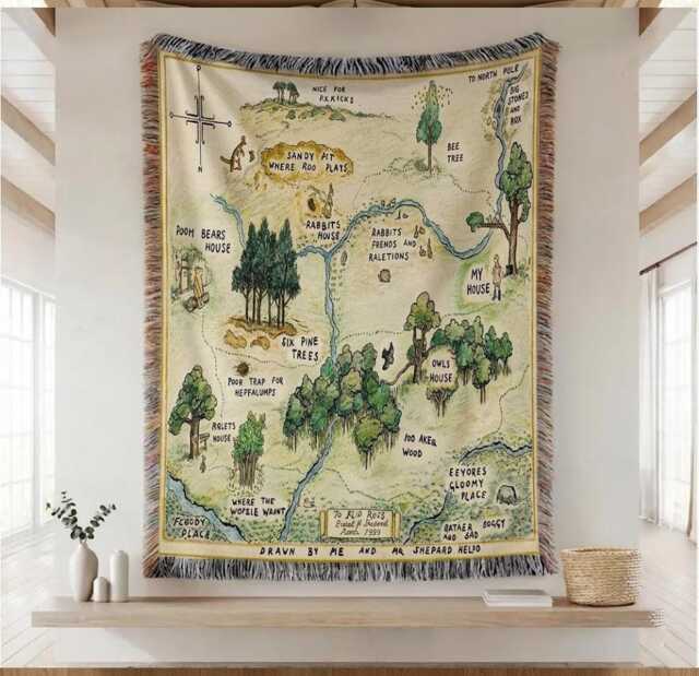 Winnie The Pooh Hundred Acre Wood Map Woven Blanket, Bear Woodland Storybook Throw Classic Nursery Tapestry Decor - image 1