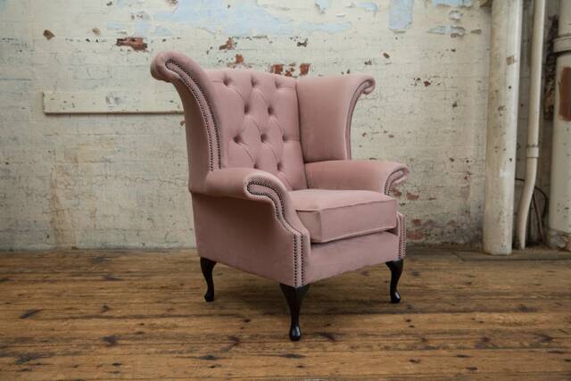 British Handmade Dusty Pink Velvet Chesterfield Wing Chair - image 1