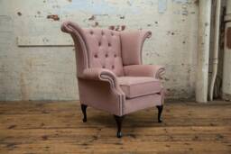 British Handmade Dusty Pink Velvet Chesterfield Wing Chair