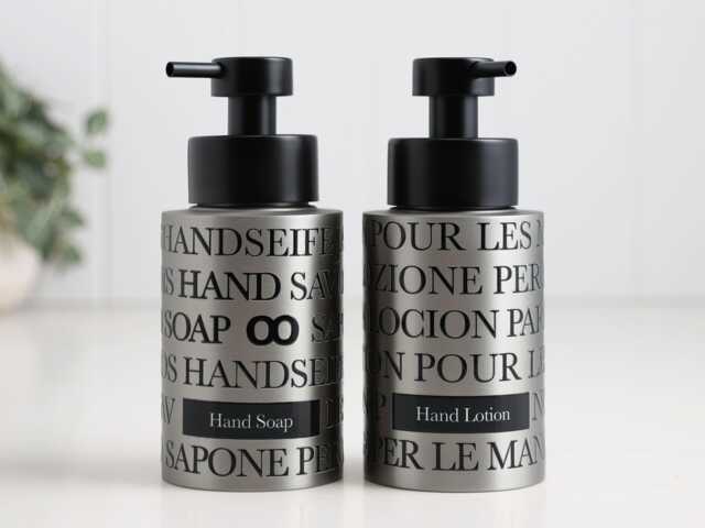 250Ml Stainless Steel Hand Soap & Lotion Dispenser Set With Black Text Wrap - Refillable Modern Bathroom Vanity Pump Bottles - image 1