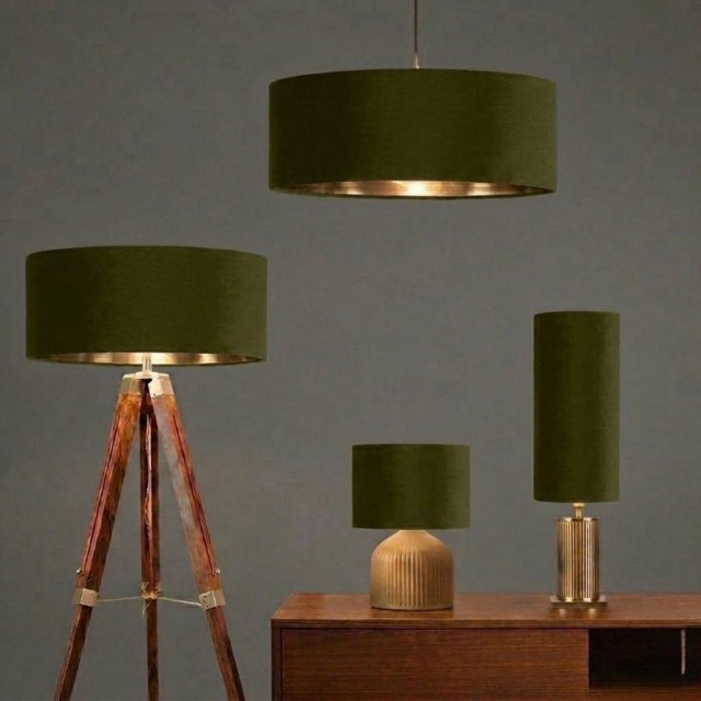 New Handmade Darker Olive Green Colour Drum Velvet Lamp Shade & Pendant Light With Metallic Panels Lining Suitable For All - image 1