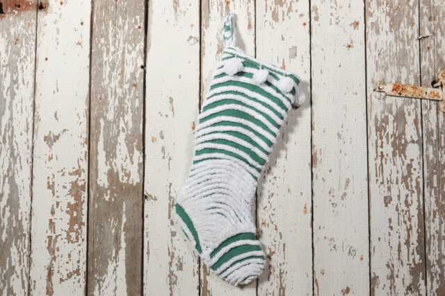 Green & White - Lush & Fluffy Vintage Chenille Christmas Stocking Pom Pom, Flower - image 1