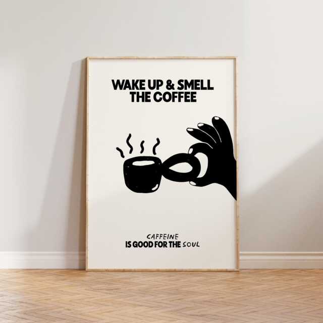 Kitchen Wall Art, Prints, Coffee Art Poster, Retro Hand Drawn Doodle Print, Cafe Wake Up & Smell The Print - image 1