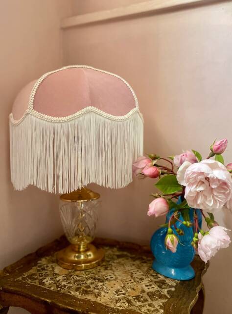 Handmade Dusky Pink Velvet Fringed Lampshade, Art Deco Style - image 1